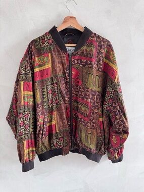 Vintage Honors Silk Bomber Jacket with Multi-Colored Pattern